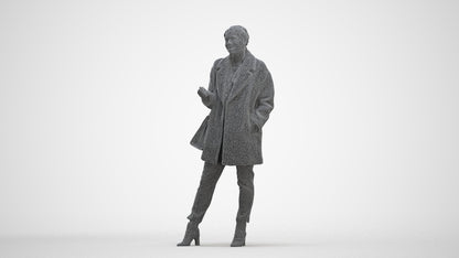 3D human model woman business standing, photogrammetry scanned person for archviz, three-quarter front view render