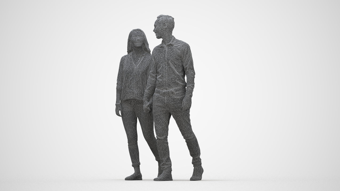 realistic 3D human woman casual couple, archviz people FBX OBJ for Blender, wireframe back view