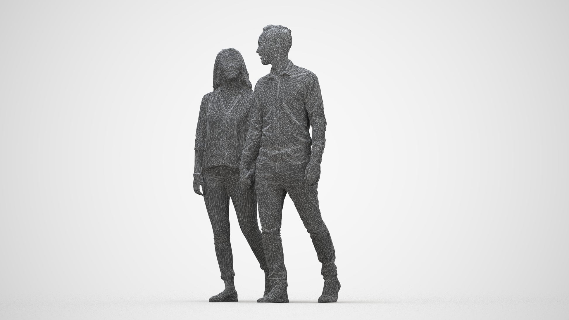 realistic 3D human woman casual couple, archviz people FBX OBJ for Blender, wireframe back view