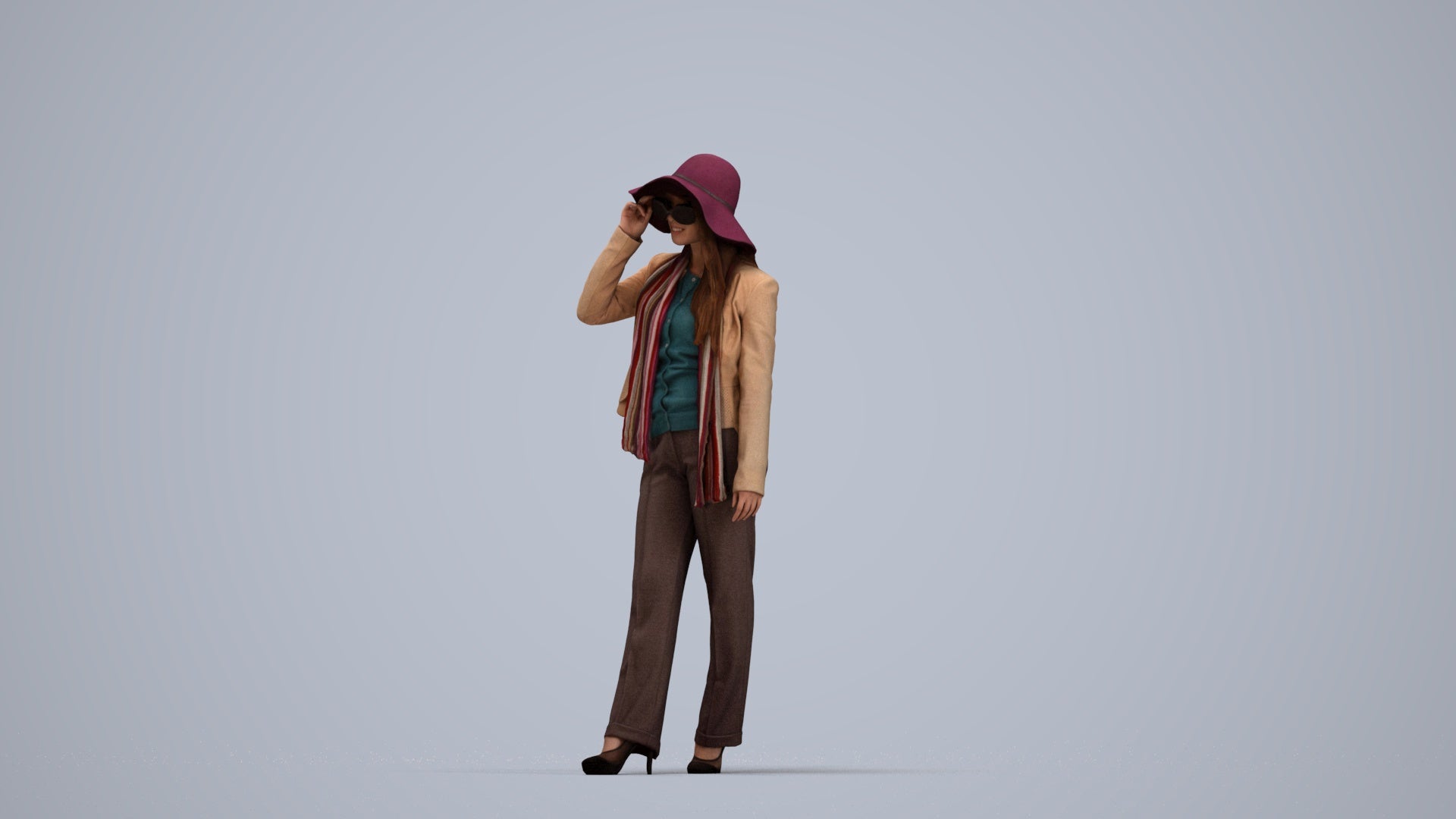 realistic 3D people woman casual standing, render-ready for V-Ray and Corona, FBX OBJ, top-down view render