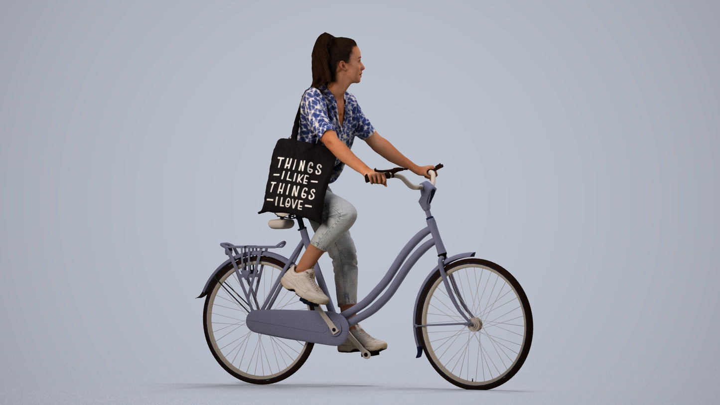 3D human model woman casual cycling, photogrammetry scanned person for archviz, side view render