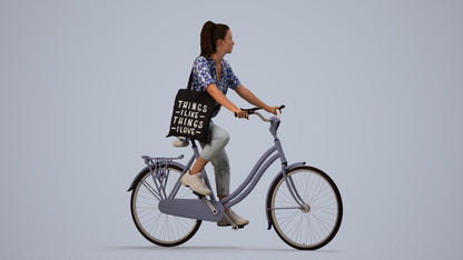 3D human model woman casual cycling, photogrammetry scanned person for archviz, side view render