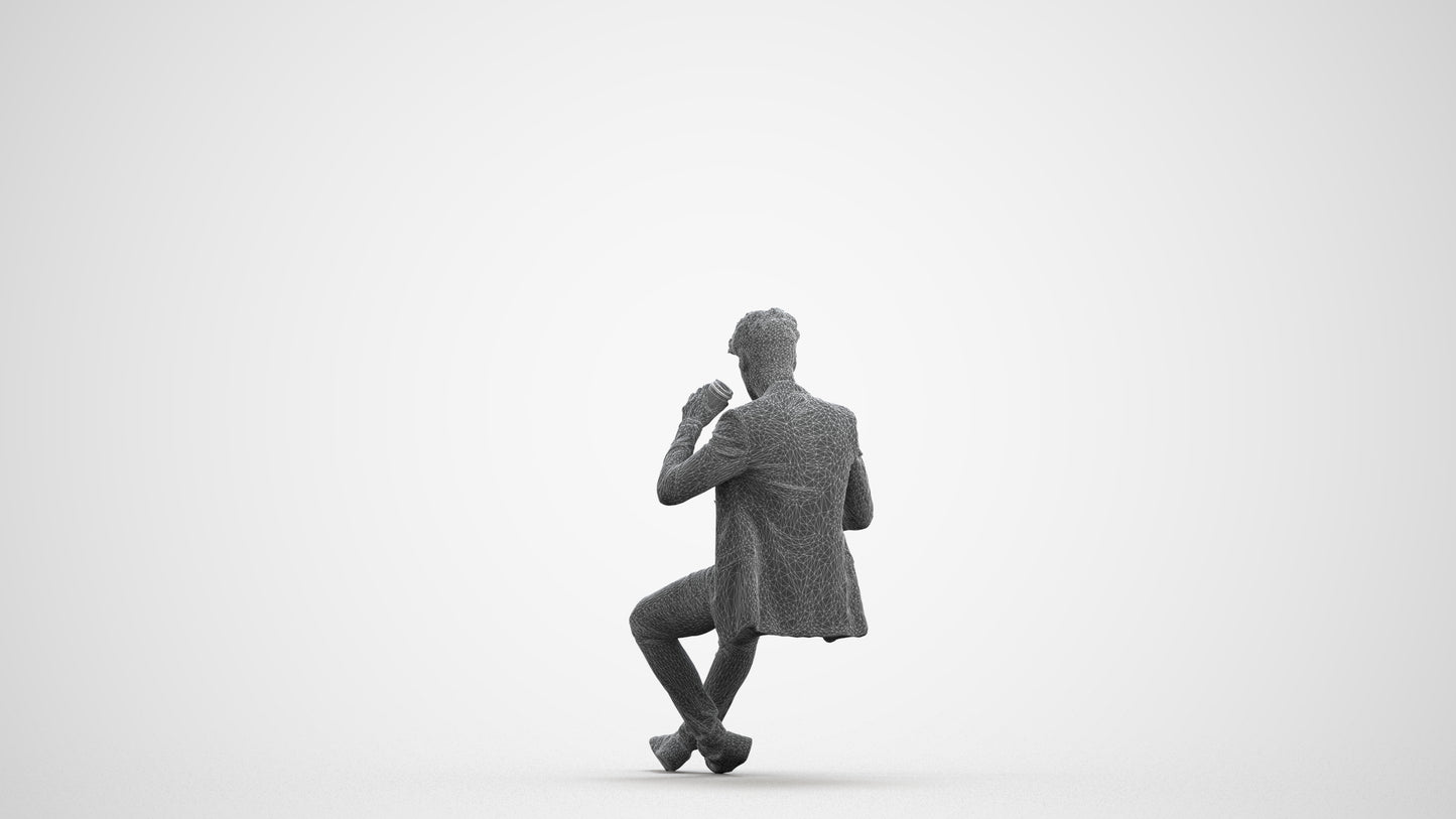 3D human model man casual sitting, photogrammetry scanned person for archviz, wireframe front view