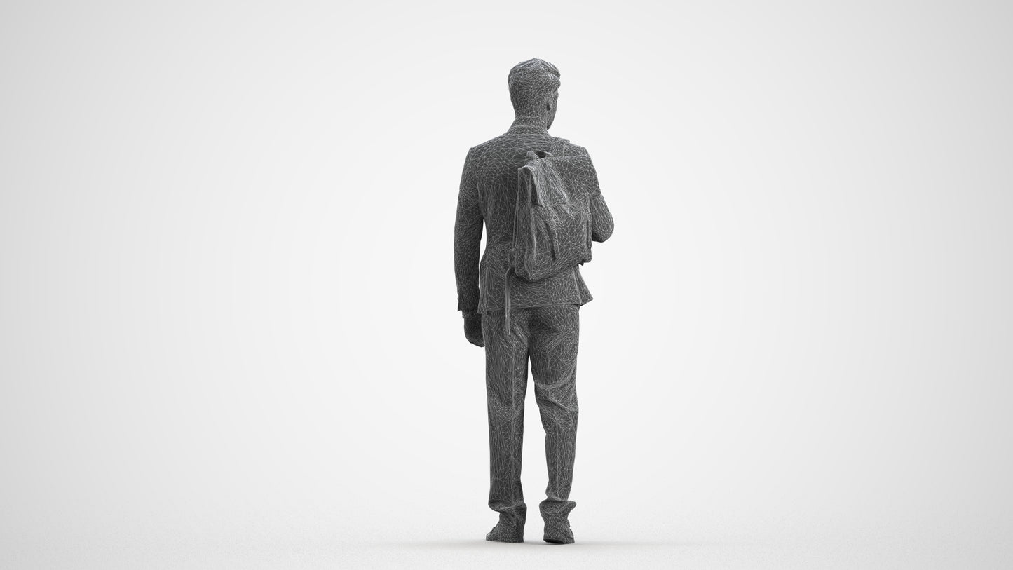 3D scanned man walking business, photorealistic archviz people for Enscape and SketchUp, wireframe front view