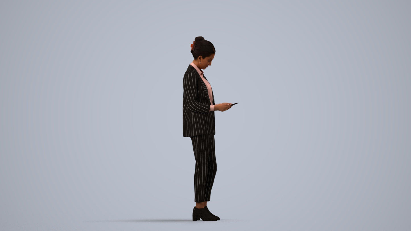 realistic 3D woman business standing, scanned archviz people for Blender and 3ds Max, side view render