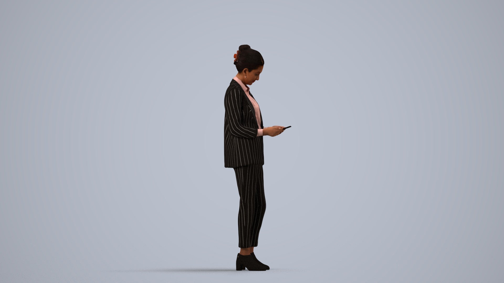 realistic 3D woman business standing, scanned archviz people for Blender and 3ds Max, side view render