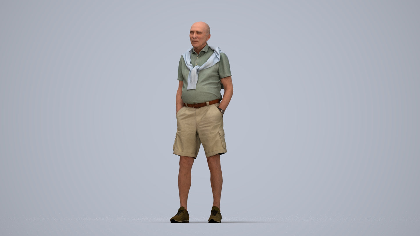 photogrammetry 3D senior man casual standing, realistic human model archviz FBX, top-down view render