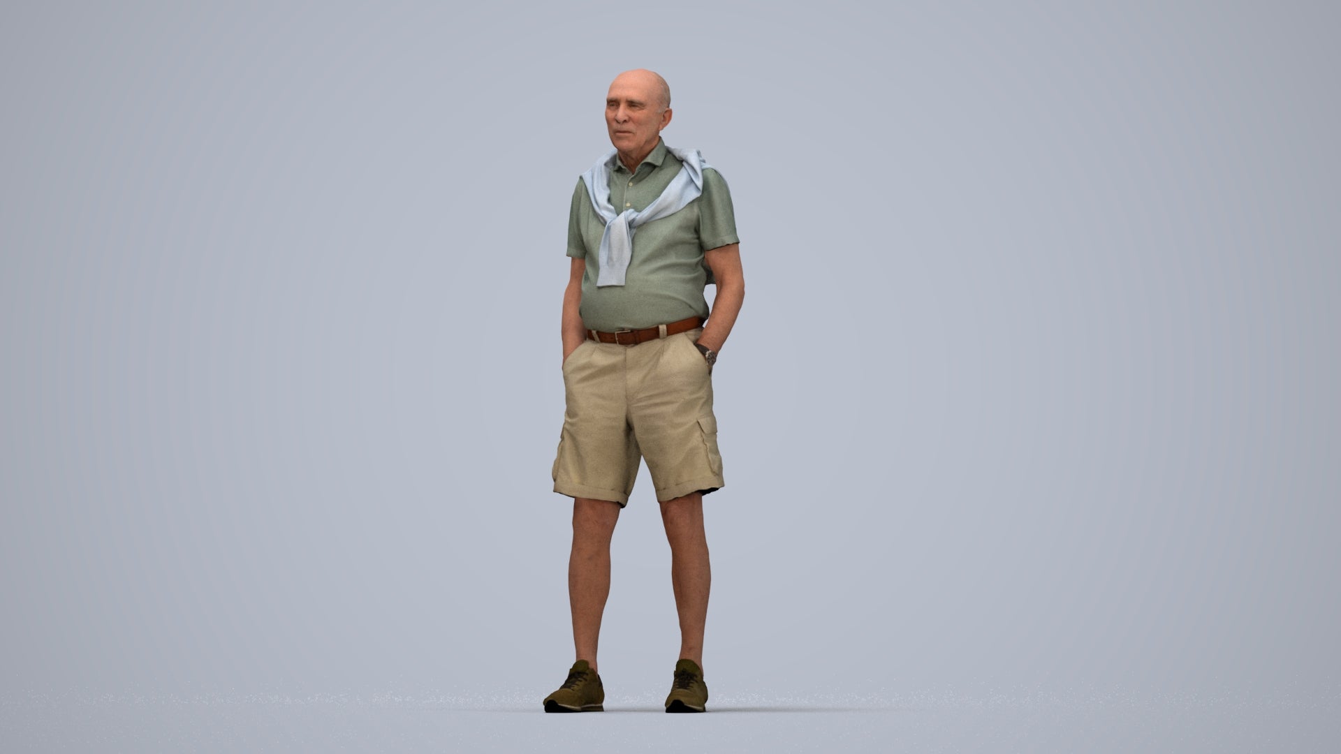 photogrammetry 3D senior man casual standing, realistic human model archviz FBX, top-down view render
