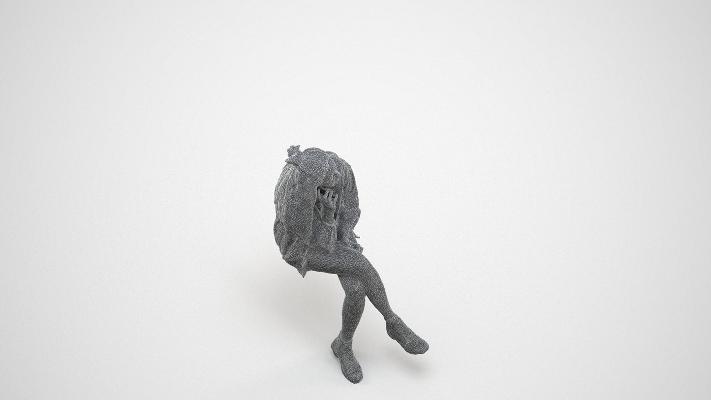 realistic 3D people woman casual sitting, render-ready for V-Ray and Corona, FBX OBJ, wireframe three-quarter view