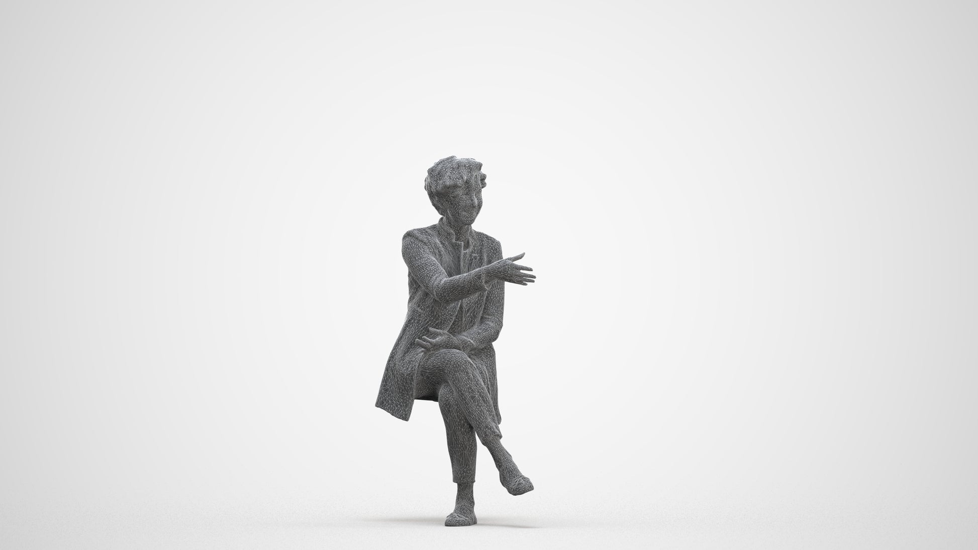photogrammetry 3D woman business sitting, realistic human model archviz FBX, three-quarter front view render