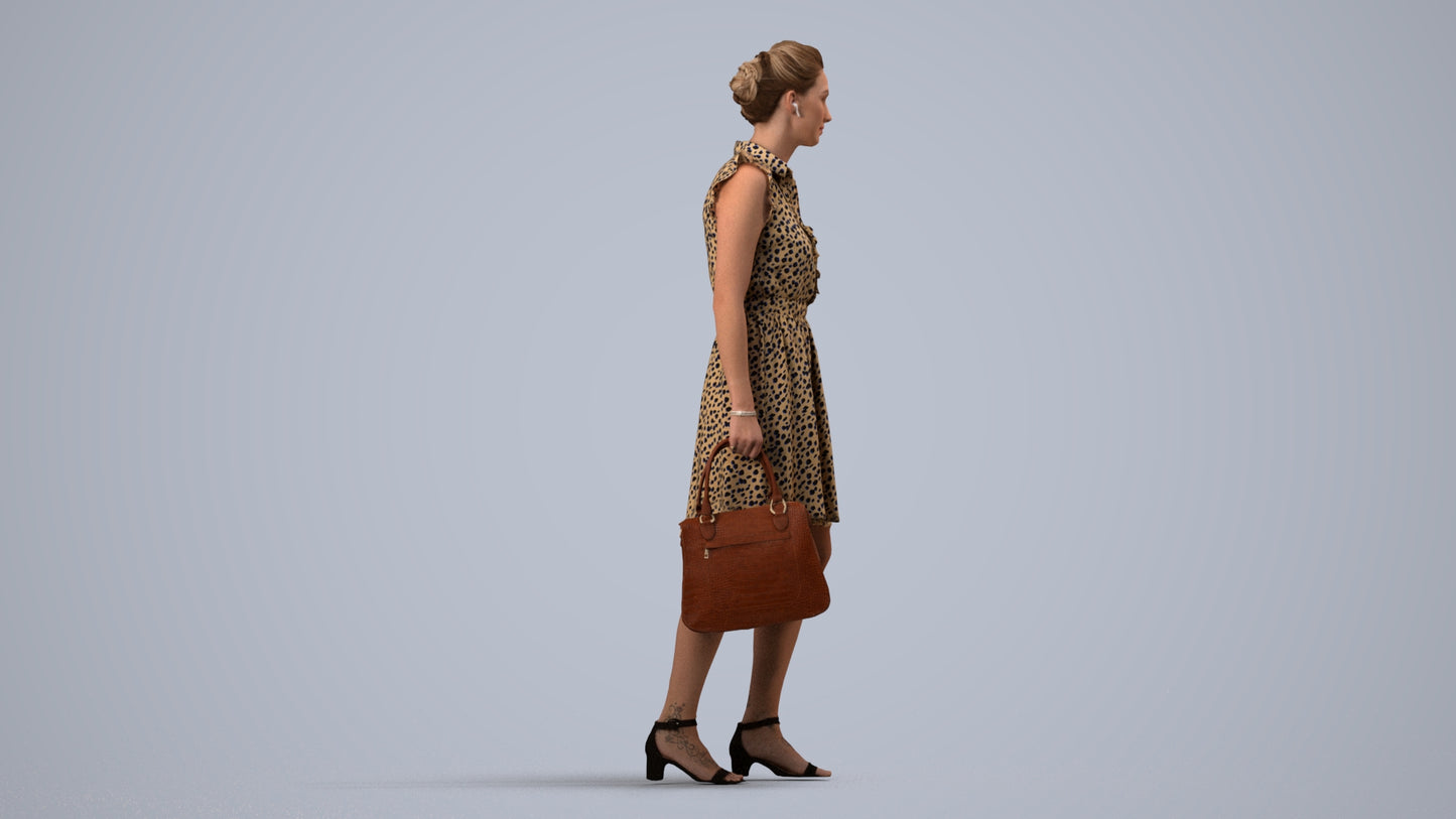 realistic 3D woman casual walking, scanned archviz people for Blender and 3ds Max, side view render