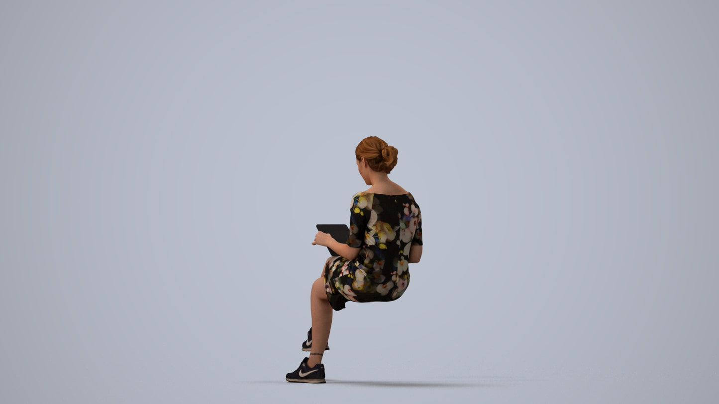 3D people model woman casual sitting, scanned human for 3ds Max rendering, three-quarter view render