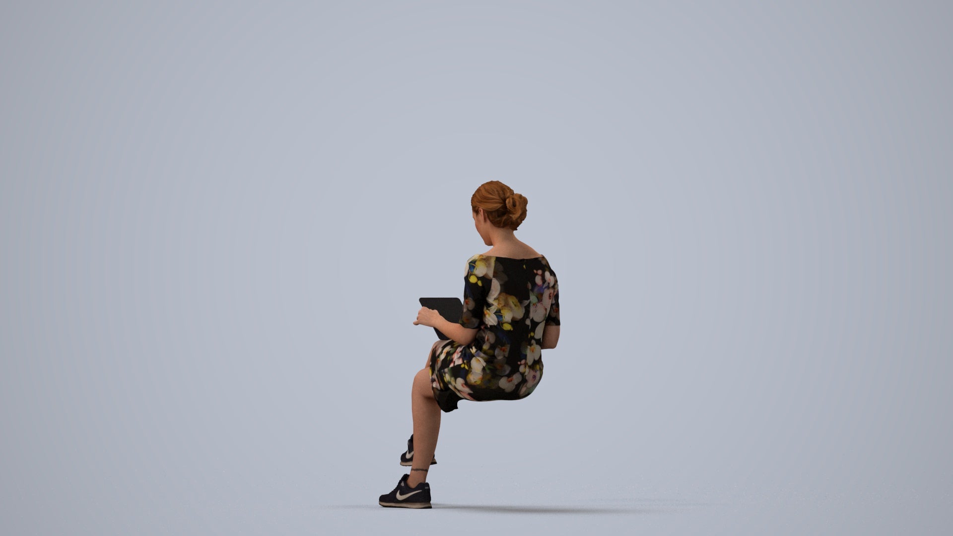 3D people model woman casual sitting, scanned human for 3ds Max rendering, three-quarter view render