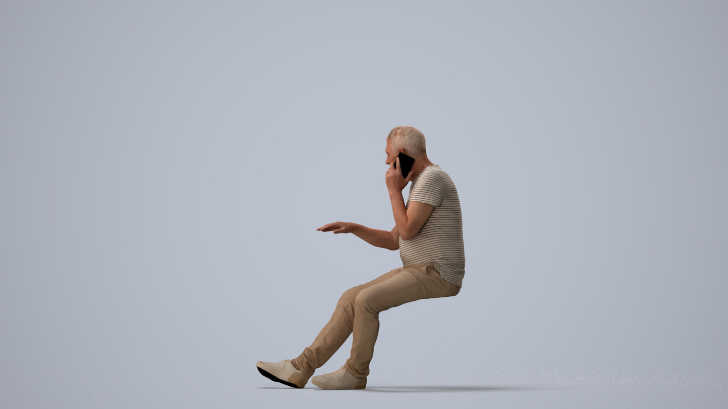 3D people model senior man casual sitting, scanned human for 3ds Max rendering, three-quarter view render