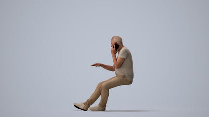 3D people model senior man casual sitting, scanned human for 3ds Max rendering, three-quarter view render