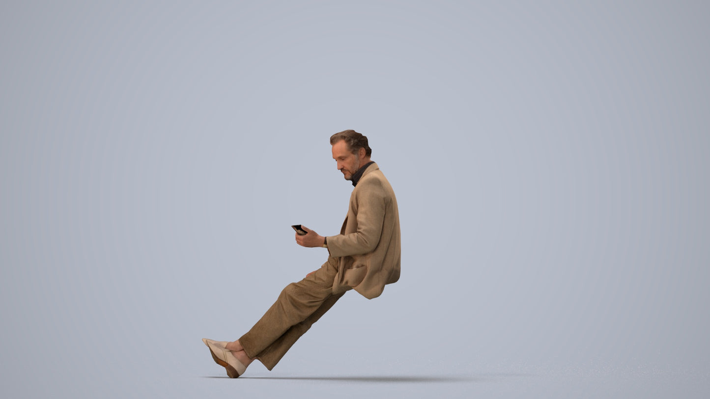 realistic 3D senior man business sitting, scanned archviz people for Blender and 3ds Max, three-quarter view render