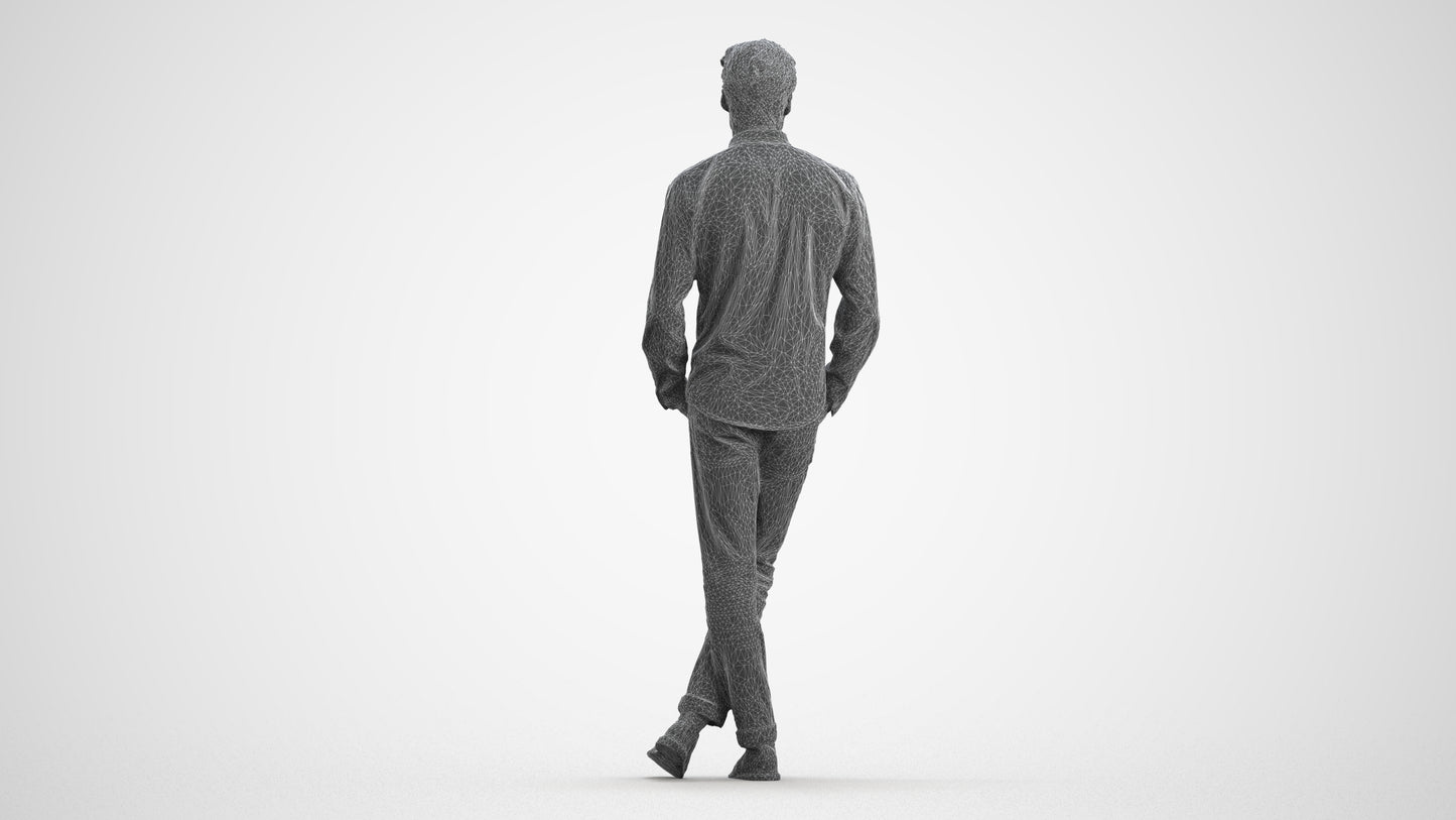3D people model man casual standing, scanned human for 3ds Max rendering, wireframe front view