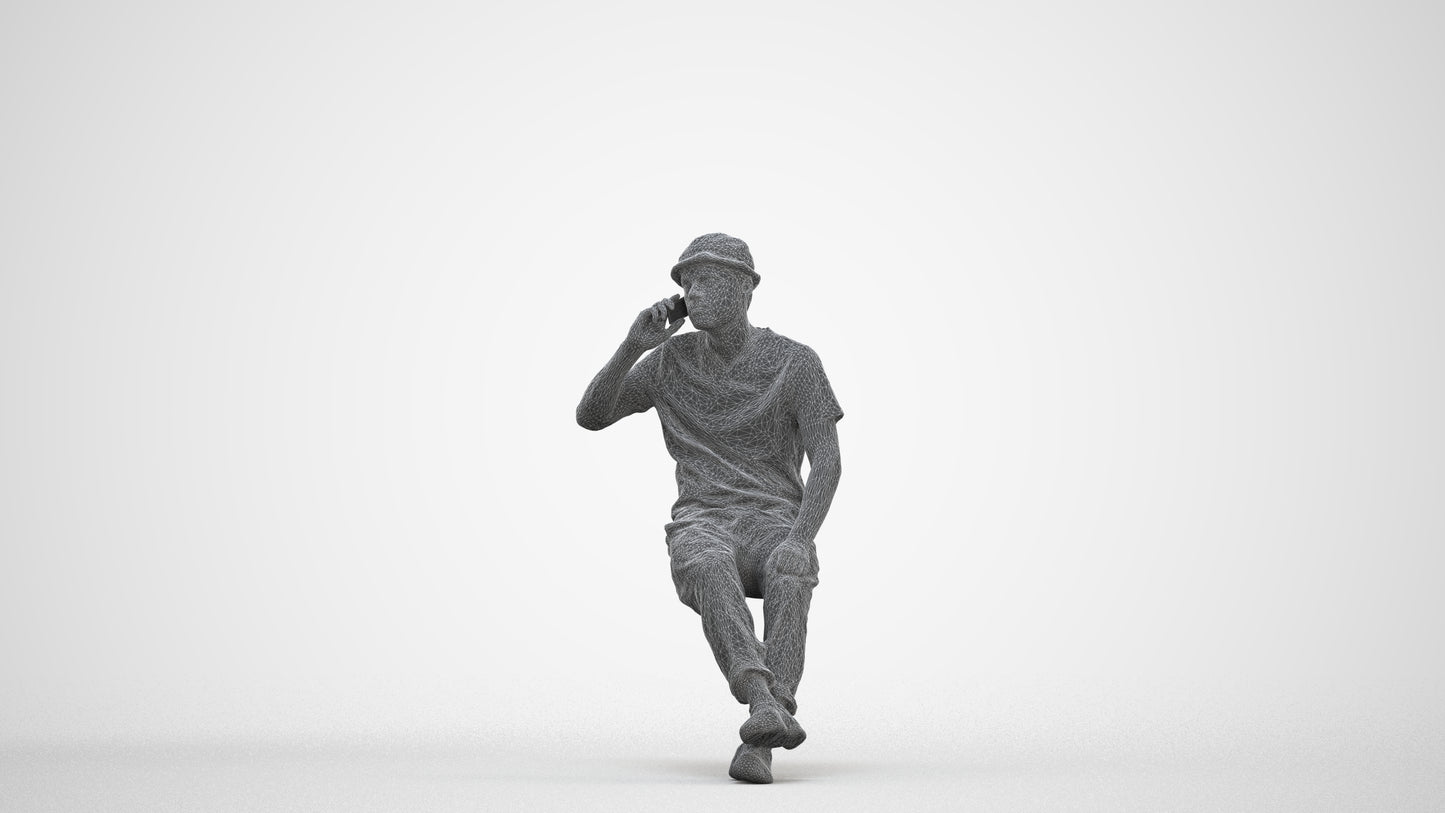 photogrammetry 3D man casual sitting, realistic human model archviz FBX, three-quarter front view render