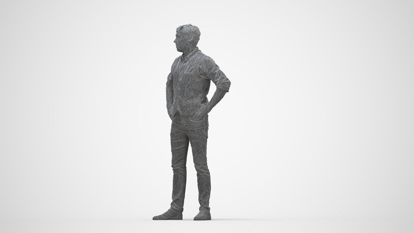 realistic 3D man casual standing, scanned archviz people for Blender and 3ds Max, wireframe back view