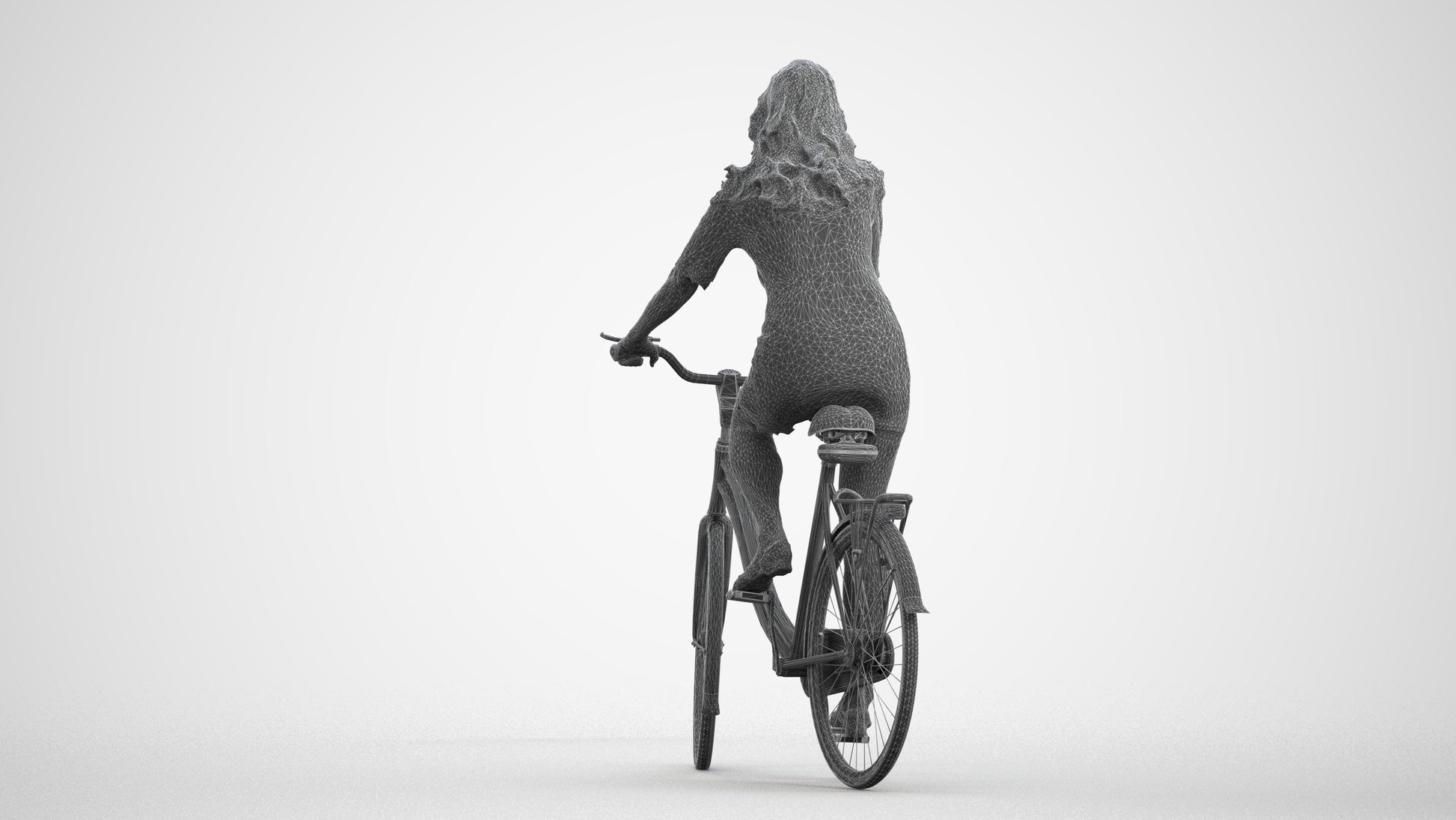 3D people model senior woman casual cycling, scanned human for 3ds Max rendering, wireframe front view