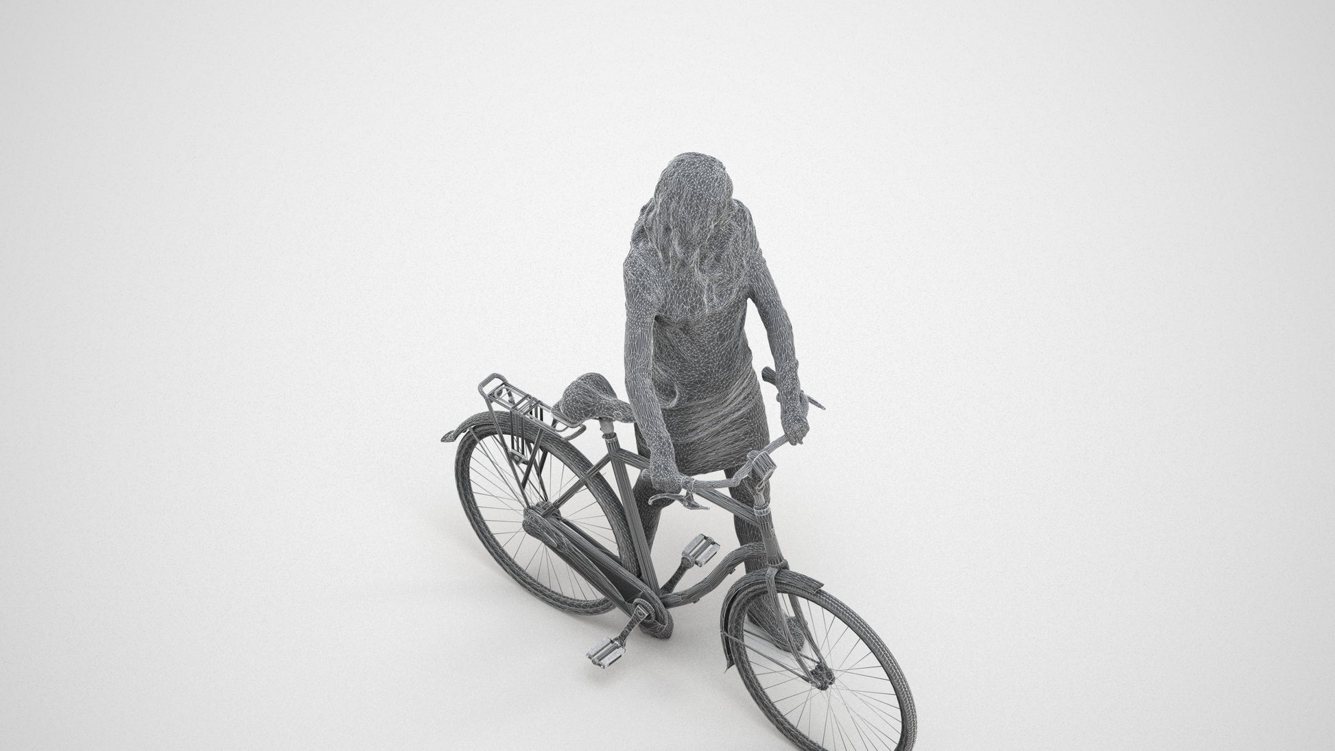 3D people model woman business cycling, scanned human for 3ds Max rendering, wireframe three-quarter view