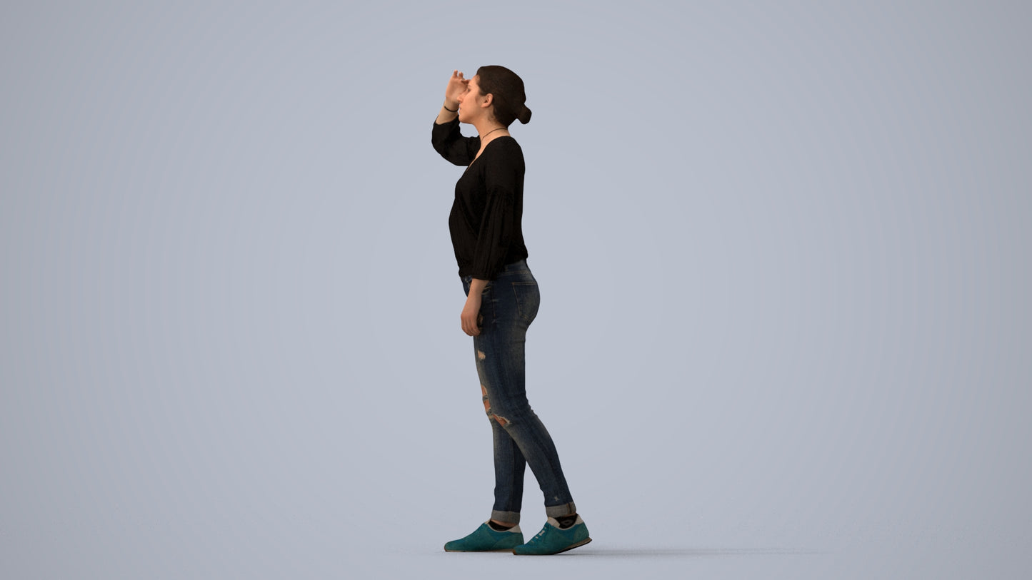 3D scanned woman standing casual, photorealistic archviz people for Enscape and SketchUp, three-quarter view render