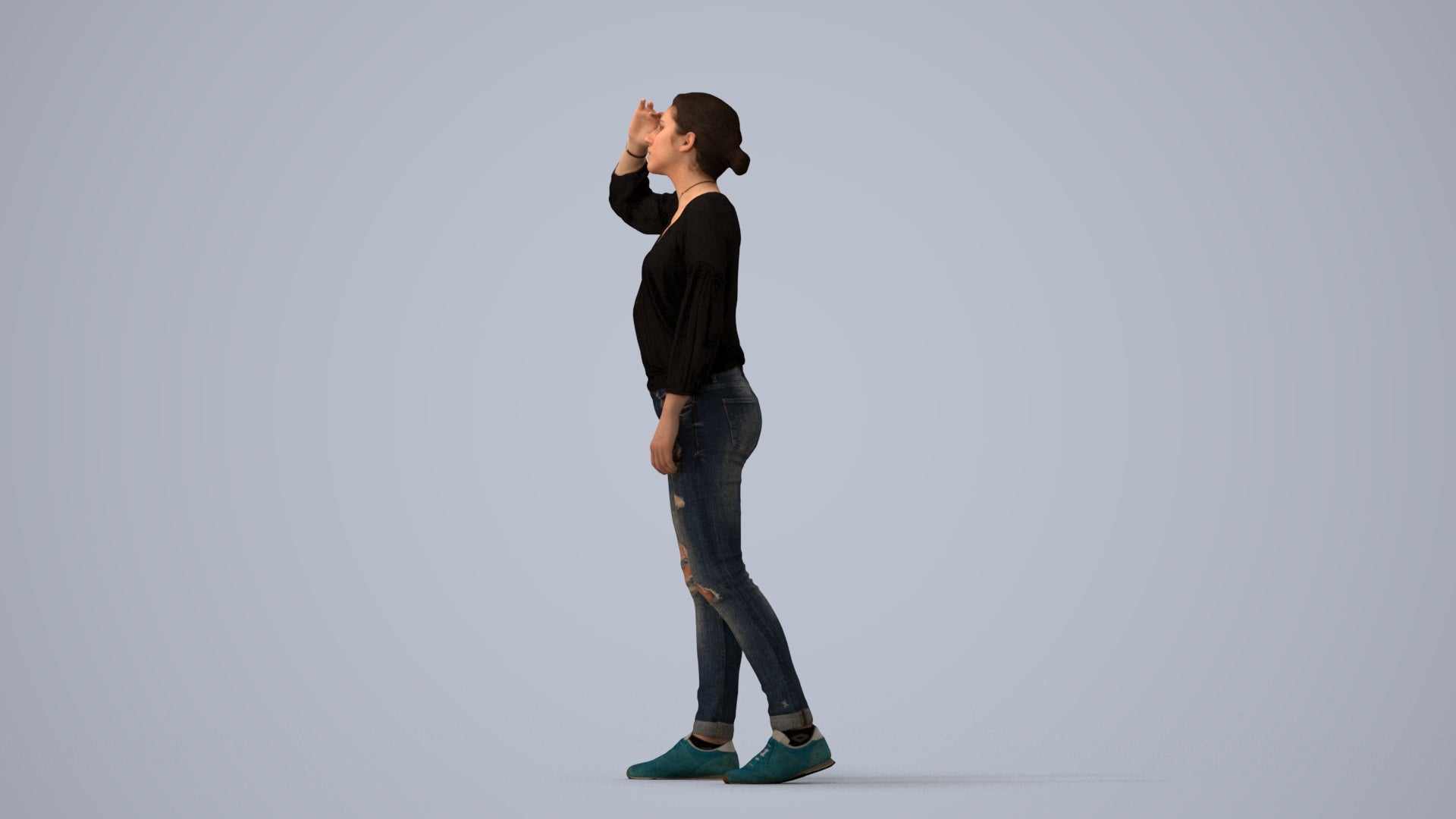 3D scanned woman standing casual, photorealistic archviz people for Enscape and SketchUp, three-quarter view render