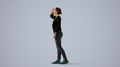 3D scanned woman standing casual, photorealistic archviz people for Enscape and SketchUp, three-quarter view render