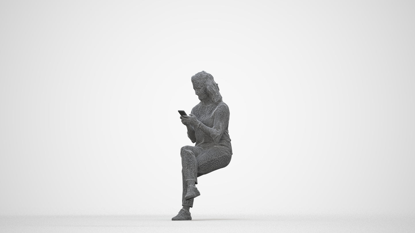 realistic 3D human woman casual sitting, archviz people FBX OBJ for Blender, wireframe back view