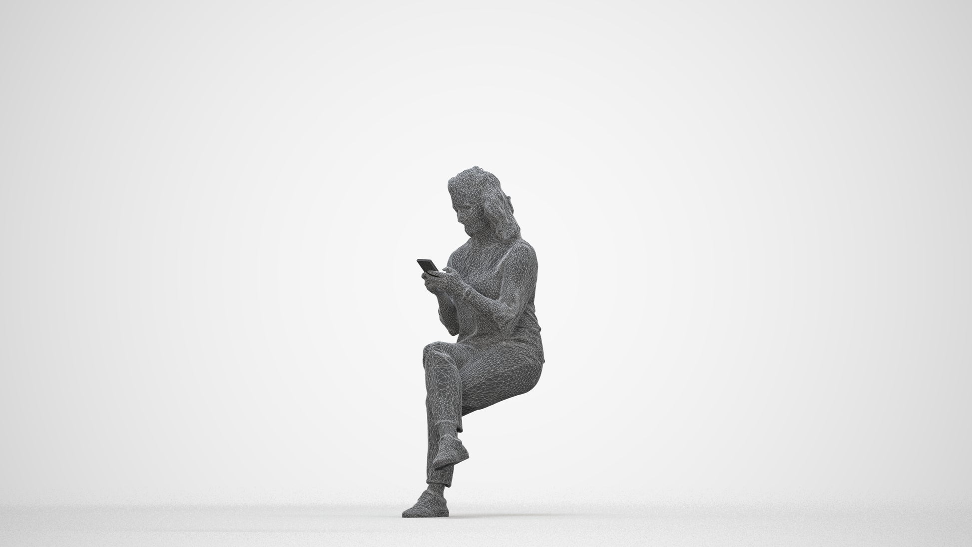 realistic 3D human woman casual sitting, archviz people FBX OBJ for Blender, wireframe back view