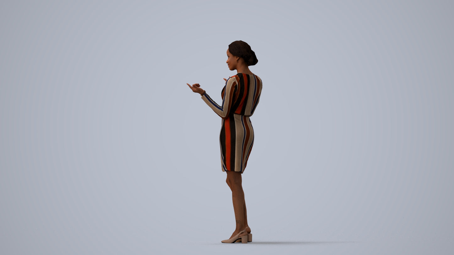 3D human model woman casual standing, photogrammetry scanned person for archviz, three-quarter view render