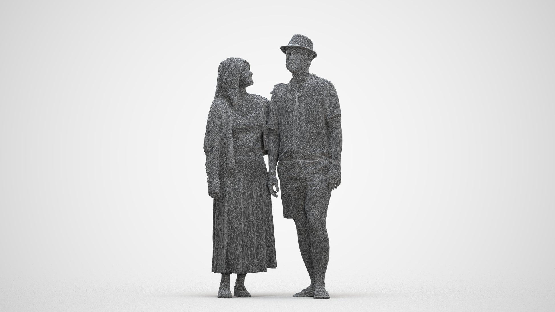 3D human model woman standing, photogrammetry scanned person for archviz, three-quarter front view render
