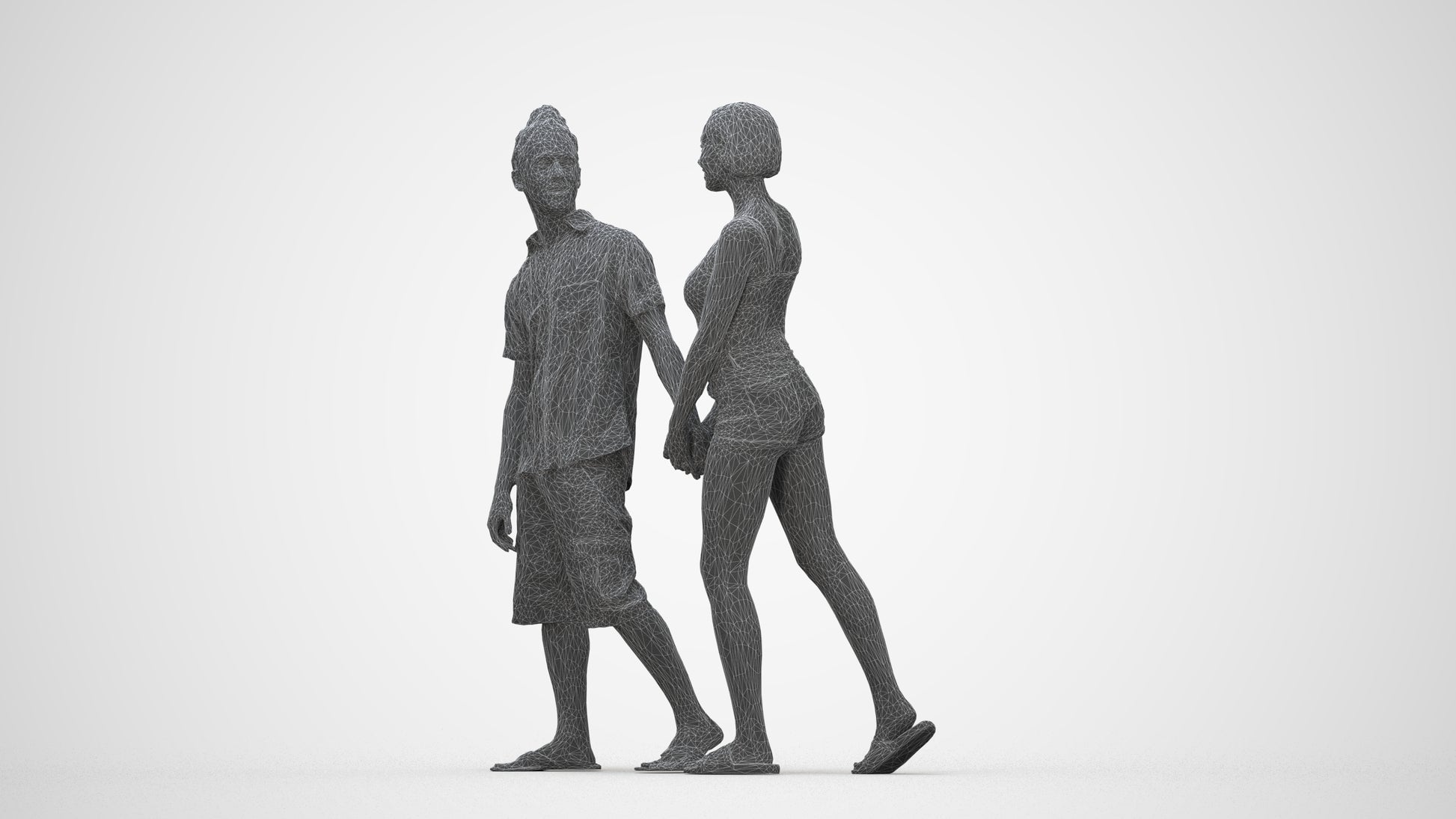 3D people model woman couple, scanned human for 3ds Max rendering, wireframe back view