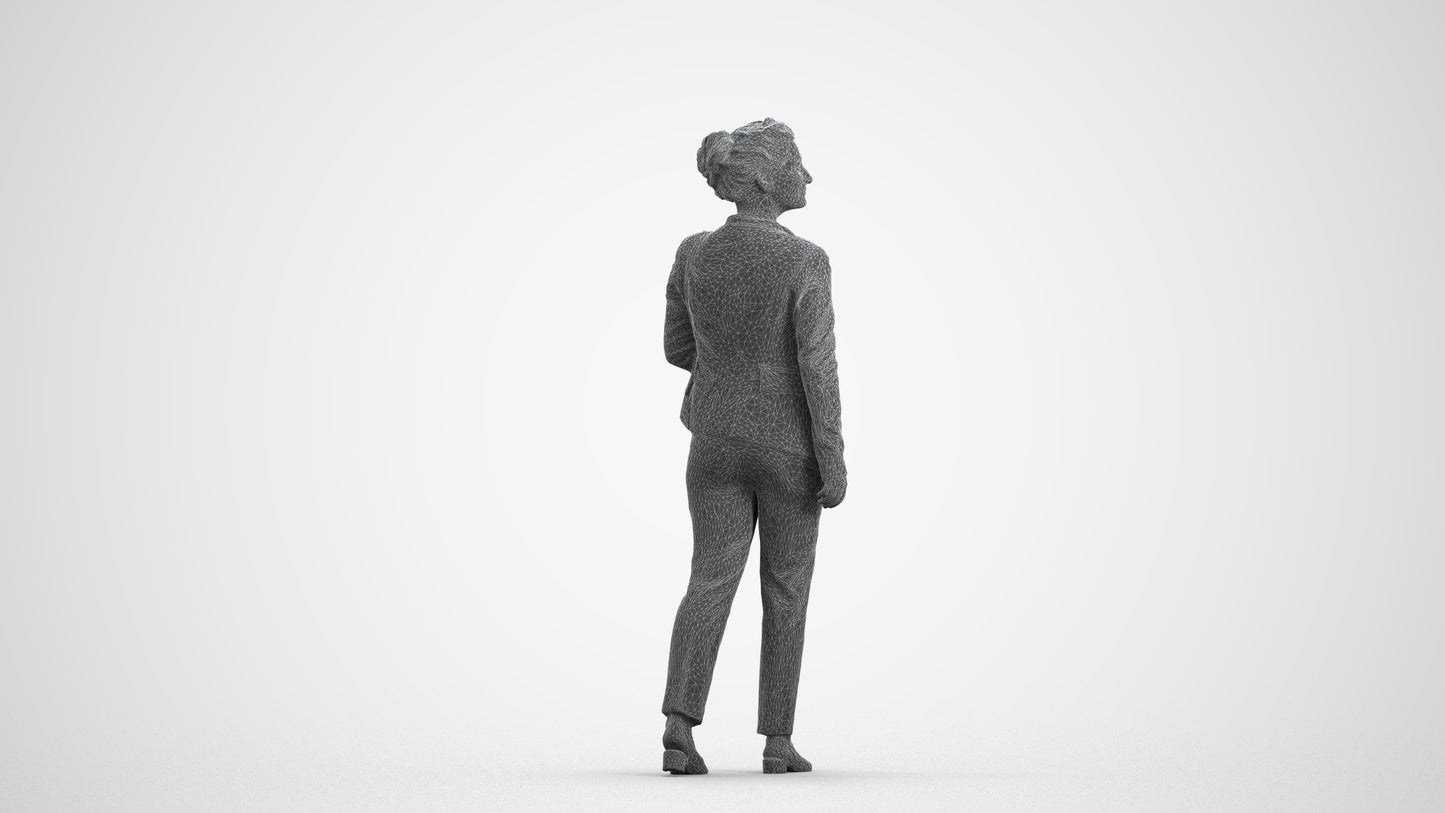 3D human model woman business walking, photogrammetry scanned person for archviz, wireframe front view