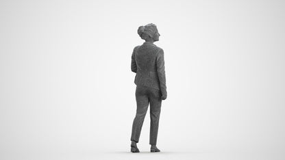 3D human model woman business walking, photogrammetry scanned person for archviz, wireframe front view