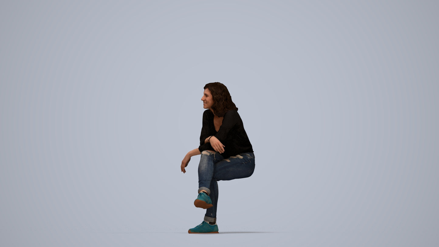 photogrammetry 3D woman casual sitting, realistic human model archviz FBX, top-down view render