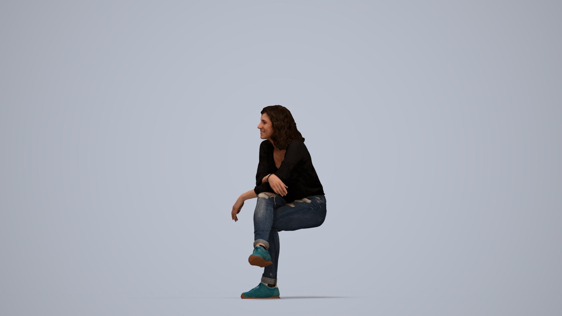 photogrammetry 3D woman casual sitting, realistic human model archviz FBX, top-down view render