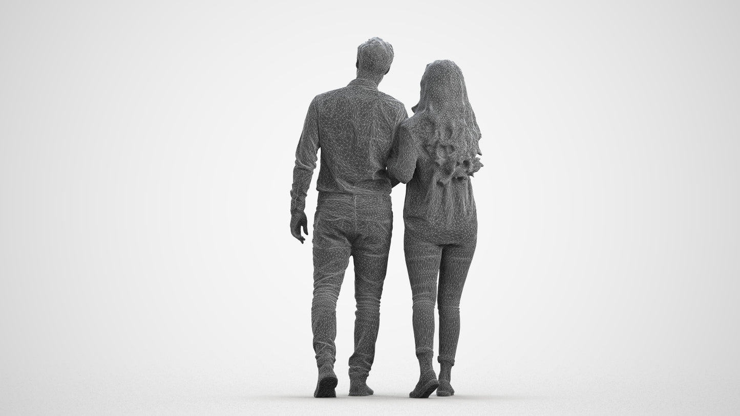 realistic 3D woman casual couple, scanned archviz people for Blender and 3ds Max, wireframe front view