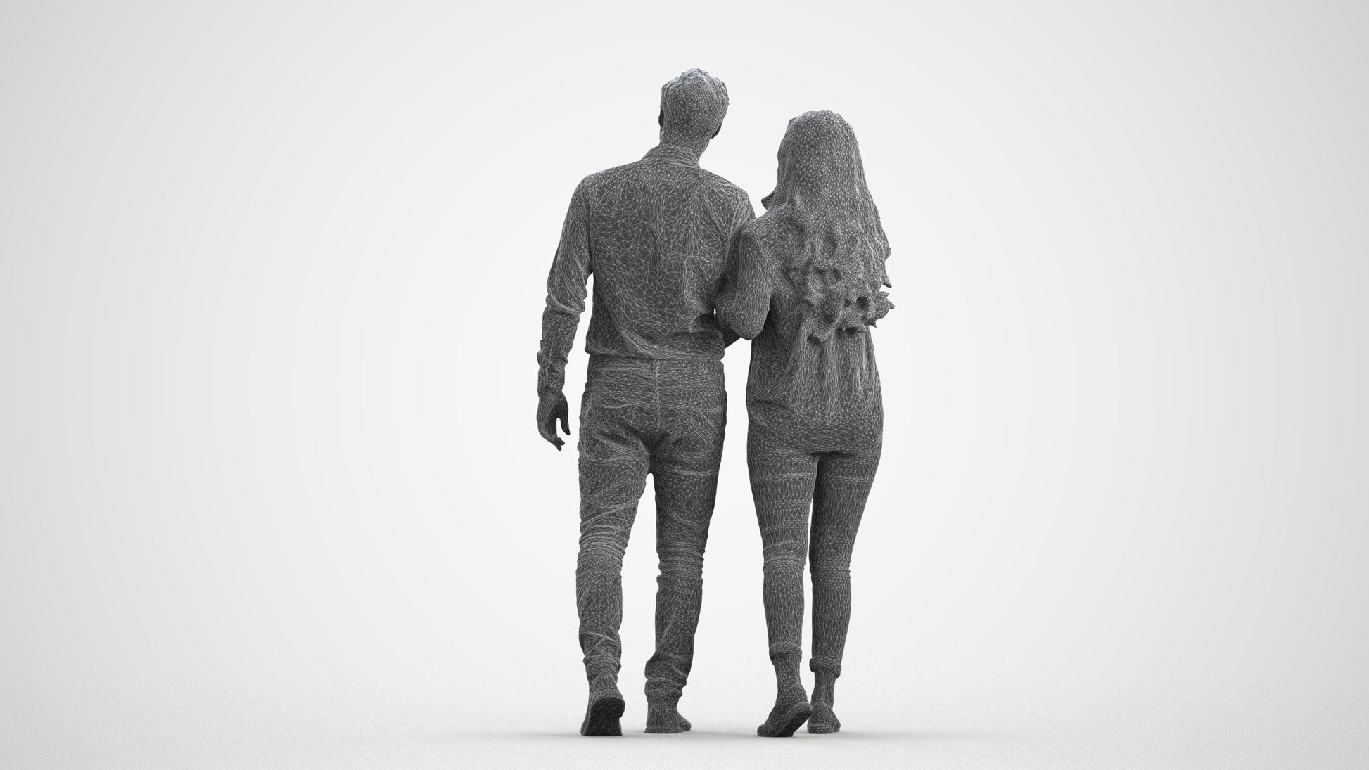 realistic 3D woman casual couple, scanned archviz people for Blender and 3ds Max, wireframe front view