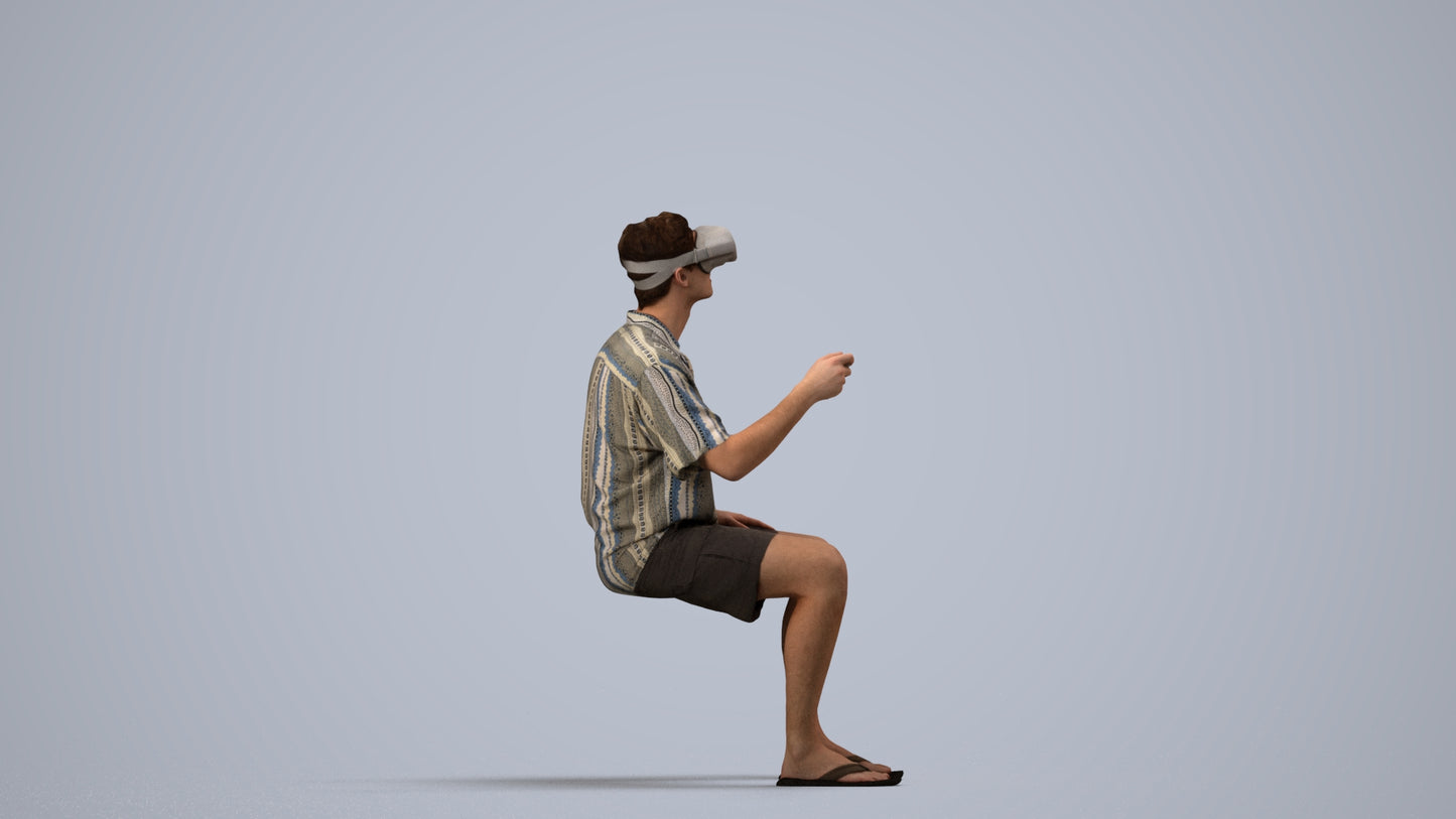 3D human model man casual sitting, photogrammetry scanned person for archviz, side view render