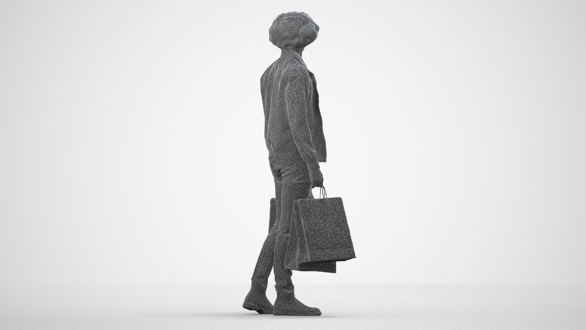 realistic 3D man casual shopping, scanned archviz people for Blender and 3ds Max, wireframe side view