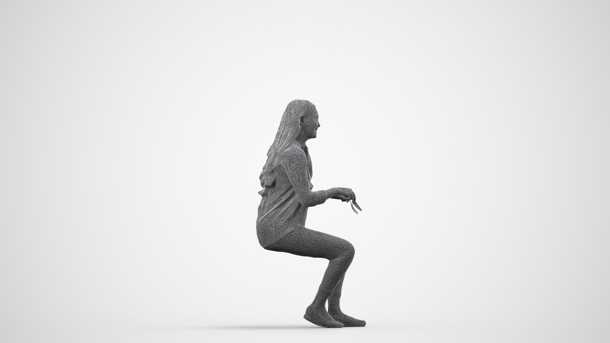 scanned 3D woman casual sitting, photogrammetry people for Enscape and V-Ray, wireframe side view