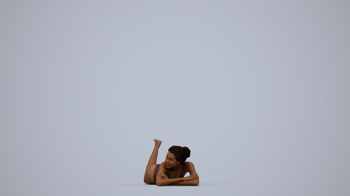 3D human model woman casual pool, photogrammetry scanned person for archviz, top-down view render