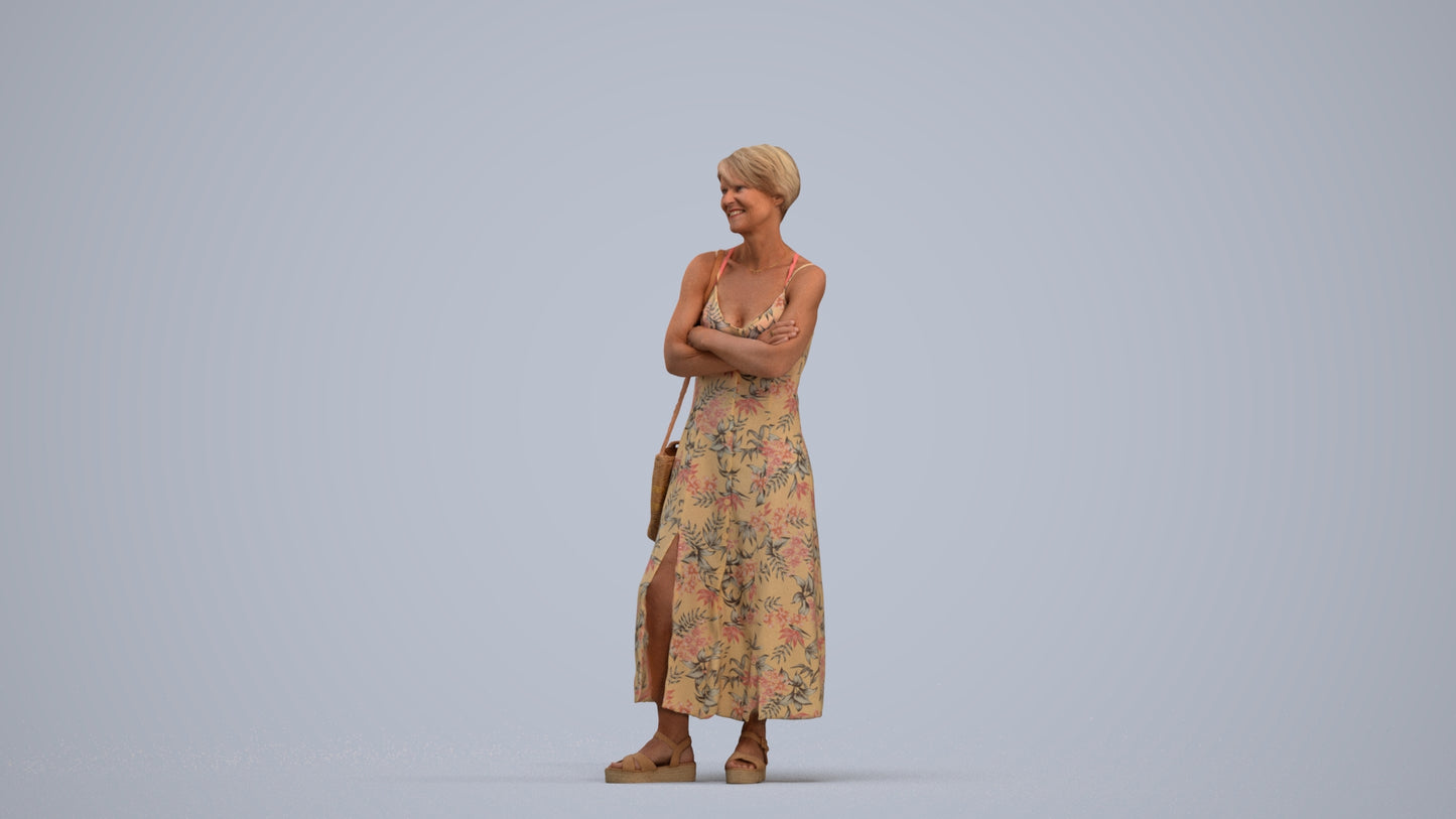 3D human model senior woman standing, photogrammetry scanned person for archviz, standing pose render