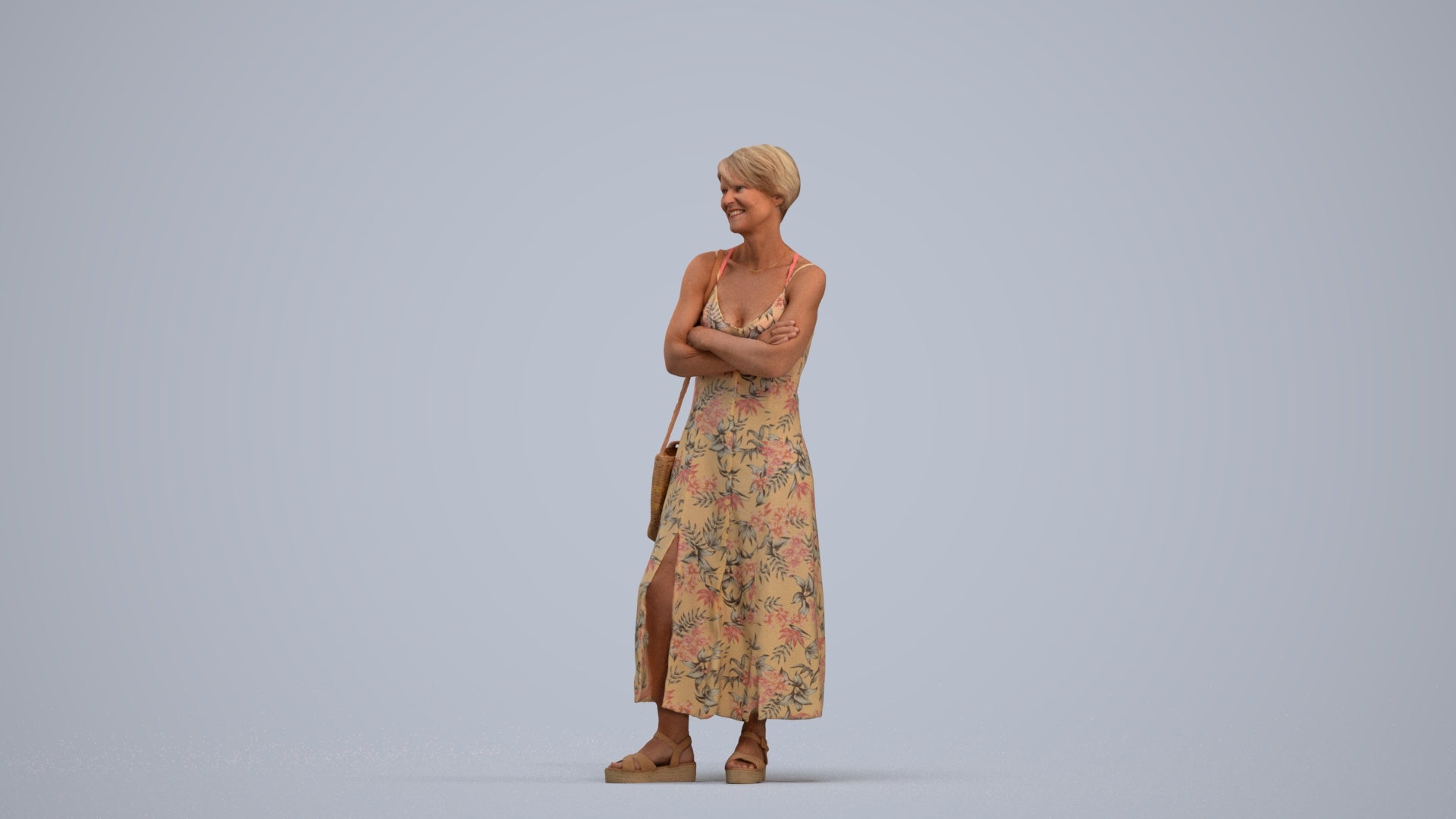 3D human model senior woman standing, photogrammetry scanned person for archviz, standing pose render