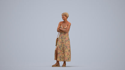 3D human model senior woman standing, photogrammetry scanned person for archviz, standing pose render