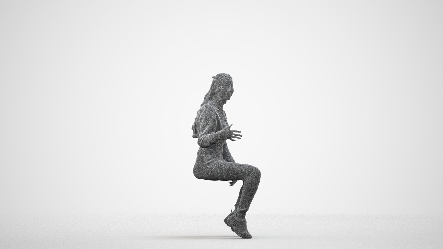 3D people model woman sport sitting, scanned human for 3ds Max rendering, wireframe side view