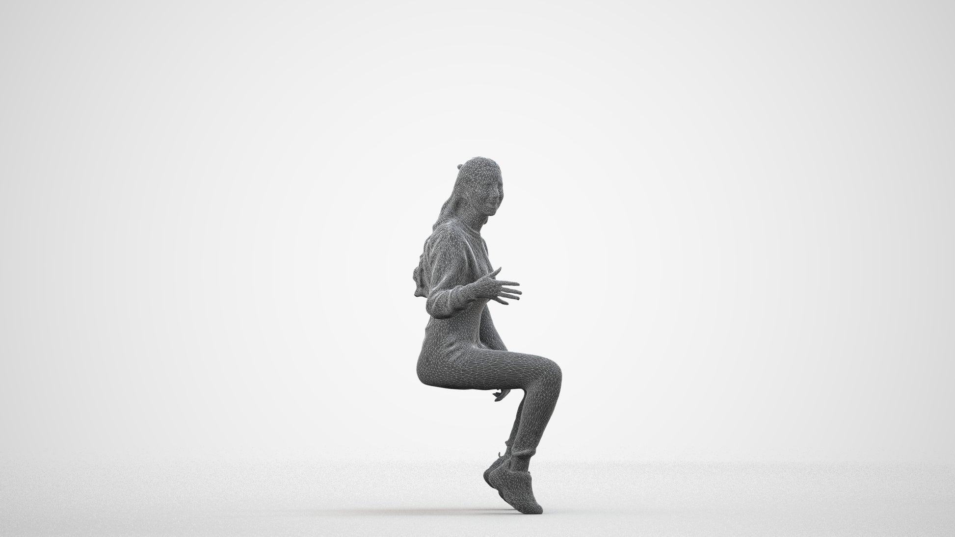 3D people model woman sport sitting, scanned human for 3ds Max rendering, wireframe side view