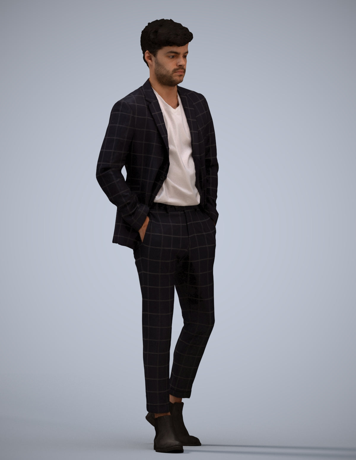 3D human model man business walking, photogrammetry scanned person for archviz
