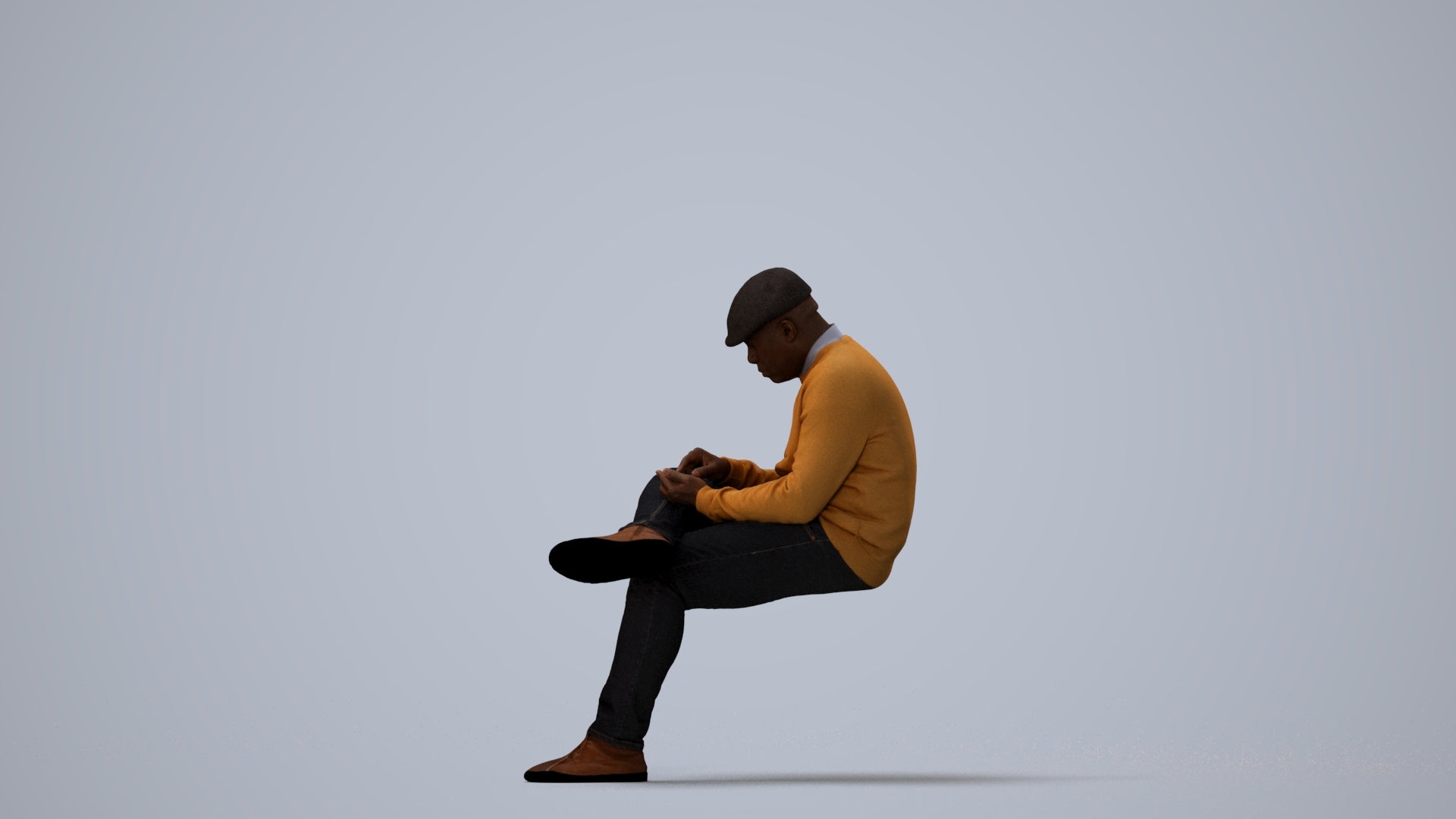 realistic 3D human man casual sitting, archviz people FBX OBJ for Blender, three-quarter view render